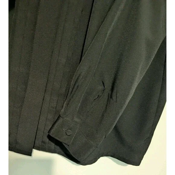 Vintage 80s Black Poly Pleated Front Secretary Blouse 12 L Padded Shoulder - Picture 4 of 4